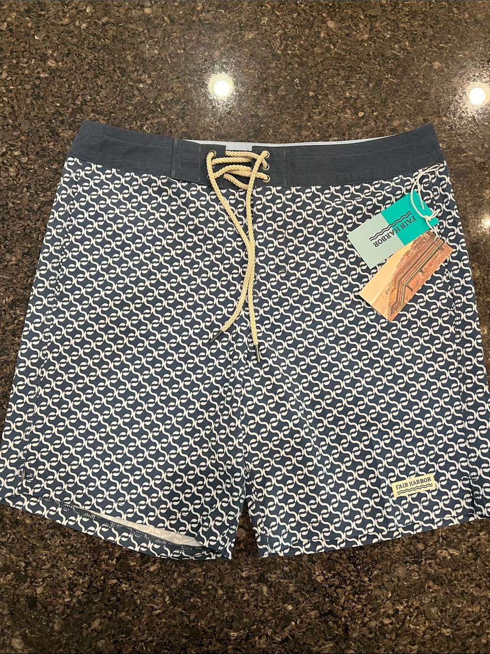 Fair Harbor Navy and White Geometric Swim Shorts